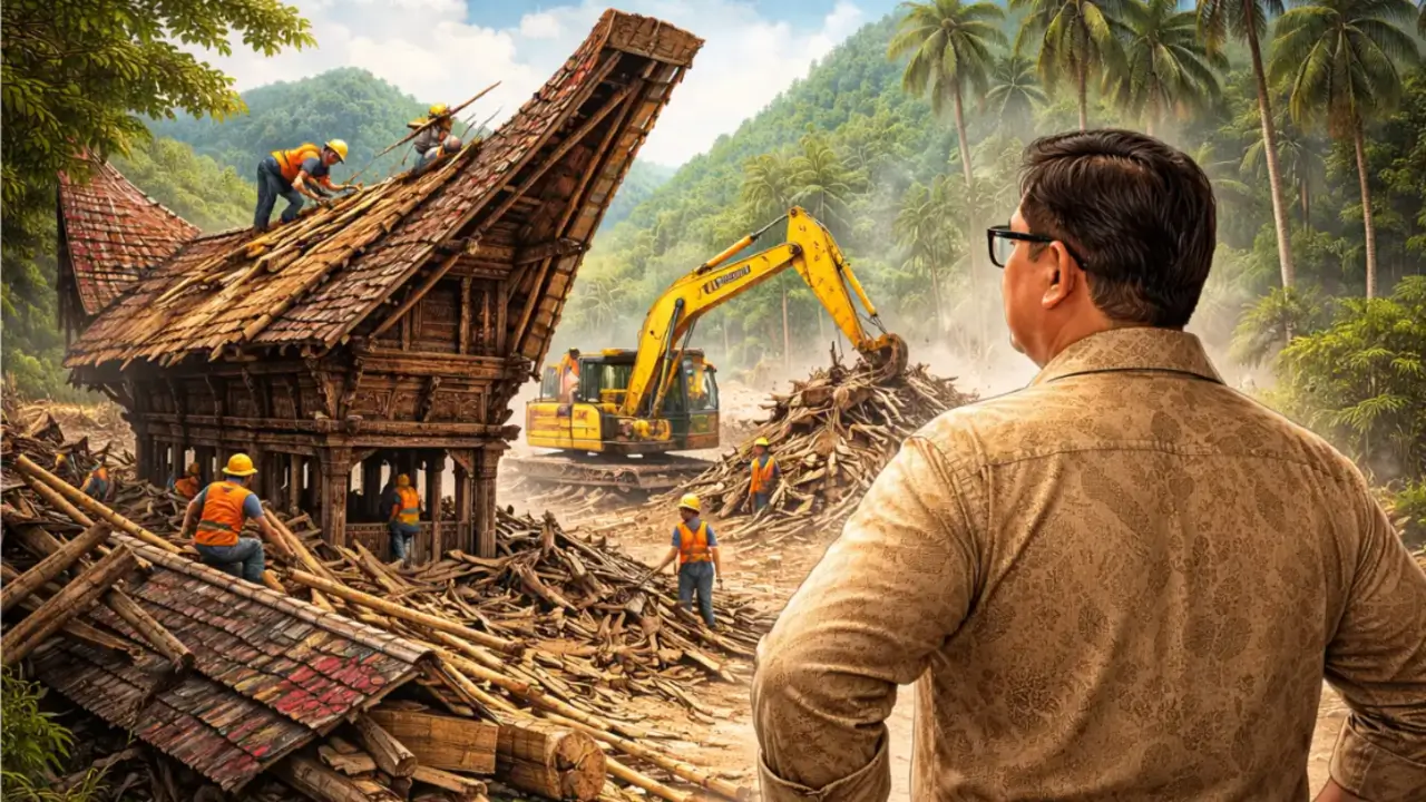 ilustrasi pembongkaran rumah adat Toraja. Foto AI