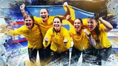 Anna Hasselborg bersama tim Swedia merayakan emas curling putri usai final Olimpiade Musim Dingin Milano Cortina 2026.