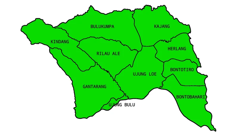Daftar 10 Kecamatan di Bulukumba, Luas dan Penduduknya Peta Kabupaten Bulukumba berwarna hijau dengan batas dan nama sepuluh kecamatan: Bulukumpa, Kajang, Kindang, Rilau Ale, Herlang, Bontotiro, Ujung Loe, Gantarang, Ujung Bulu, dan Bontobahari