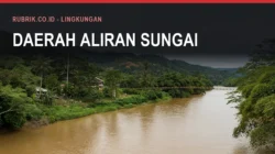 Sungai lebar berair keruh kecokelatan membelah lembah berbukit yang tertutup hutan rapat, dengan beberapa rumah dan jembatan gantung di tepinya, serta teks judul "Daerah Aliran Sungai" dan label Rubrik.co.id - Lingkungan di bagian atas gambar